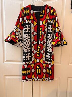 Bold Geometric Jester print Handmade Custom Unique Bell-Sleeve open front coat.